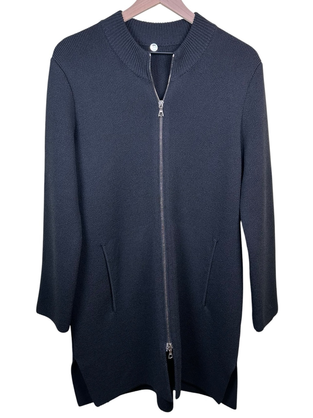 MARGARET O’LEARY Black Longline Two-Way Zip Cardigan Coat Women M Quiet Luxury